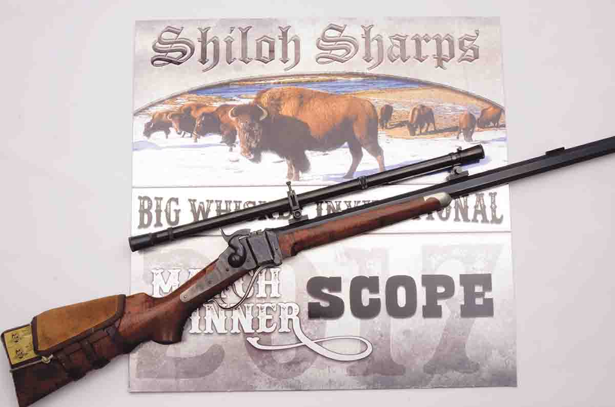 This is Mike’s Shiloh Sharps .45-70 that he won at the National Championships in 2006, displayed with a plaque at Shiloh Rifle Manufacturing’s 2017 invitational. The scope is a Montana Vintage Arms 6x.